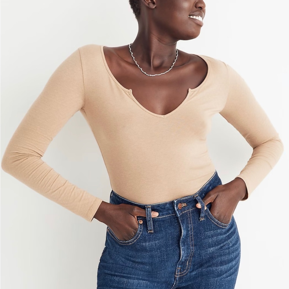 Madewell | NWT Pointelle Split-Neck Long-Sleeve Thong Bodysuit